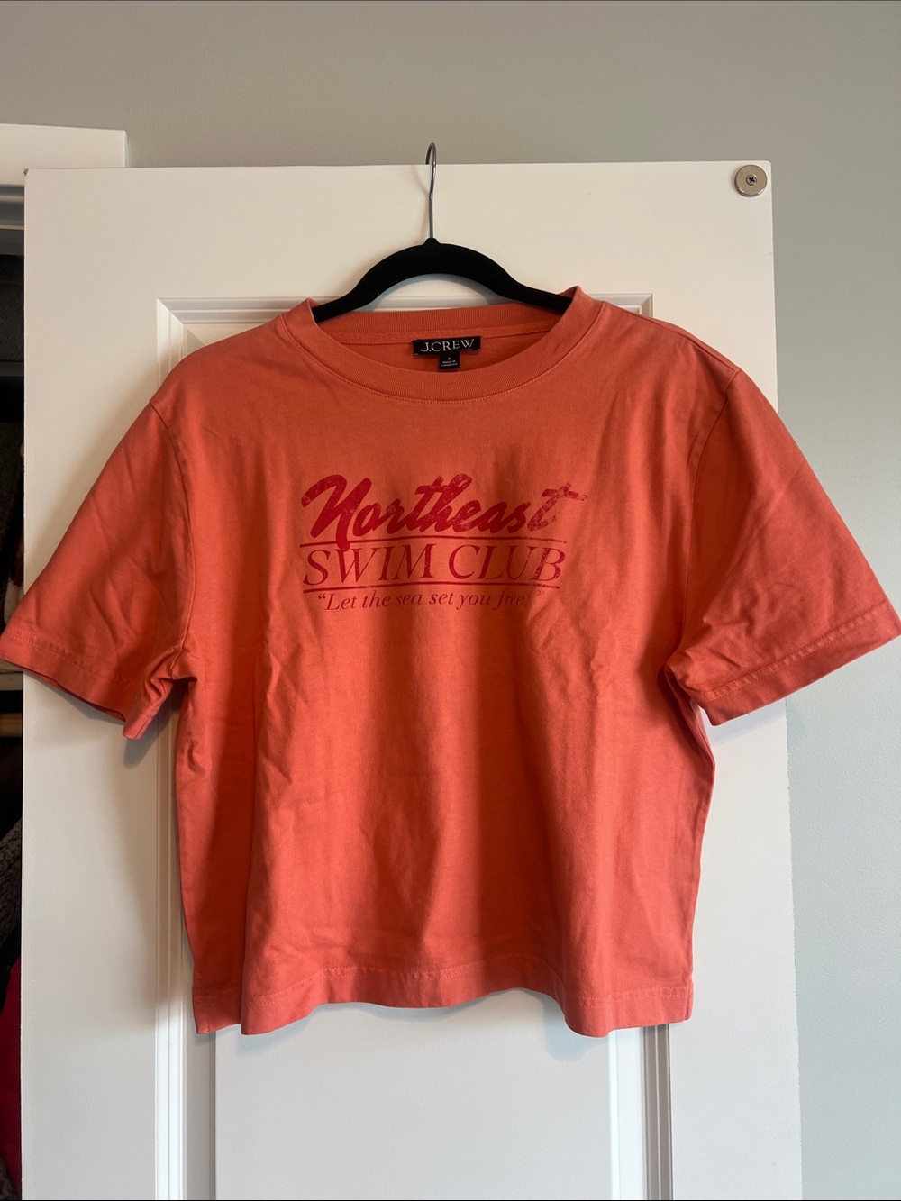J. Crew Coral Tee with Red 'Northeast Swim Club' Graphic